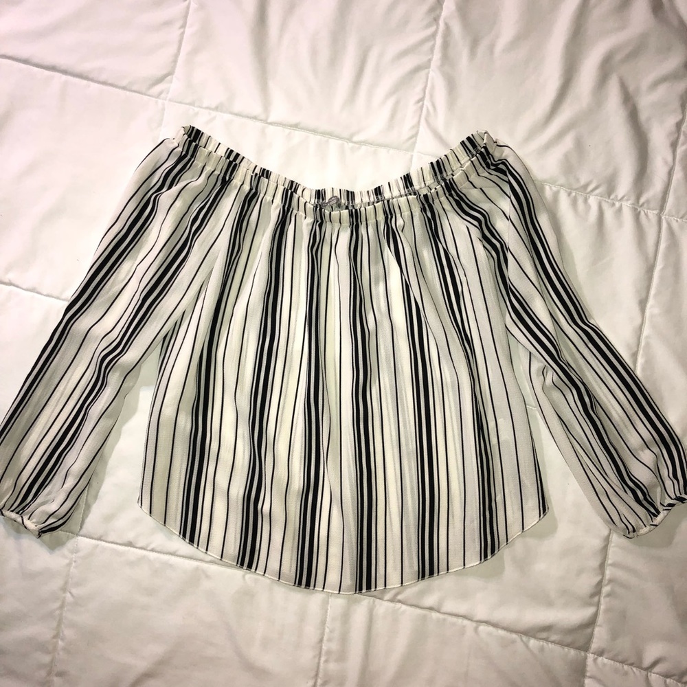 Off the Shoulder White Blouse with Black Stripes